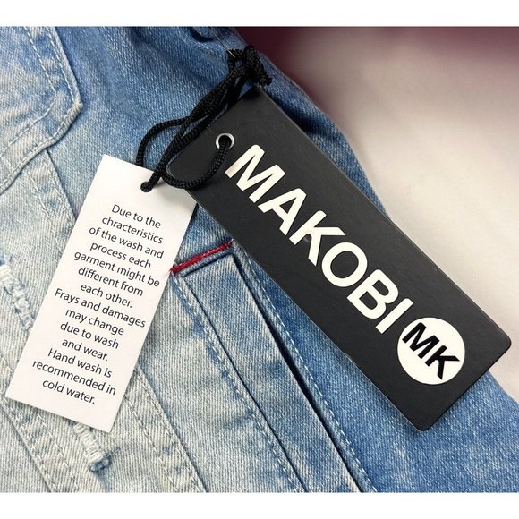 Makobi Mens Small Full Zip Denim Jean Jacket Blue Pink White Distressed M1010 - Picture 8 of 11